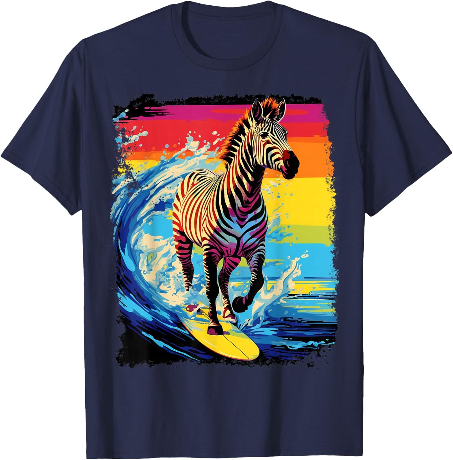 Pop Art Vintage Zoo Animal Zebra Paddle Board Surfing T-Shirt - T-Shirt | Navy