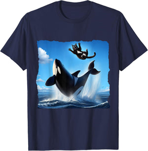 Funny Orca Whale Playing With Black Cat. cat and orca lover T-Shirt - T-Shirt | Navy