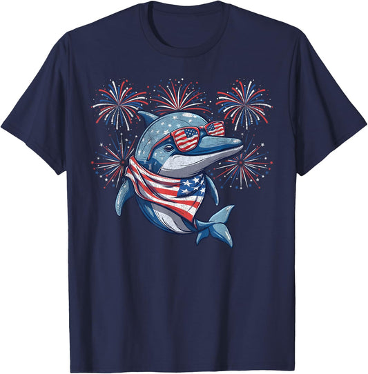 Dolphin 4th Of July Sunglasses American Flag Fireworks Women Men T-Shirt - T-Shirt | Navy