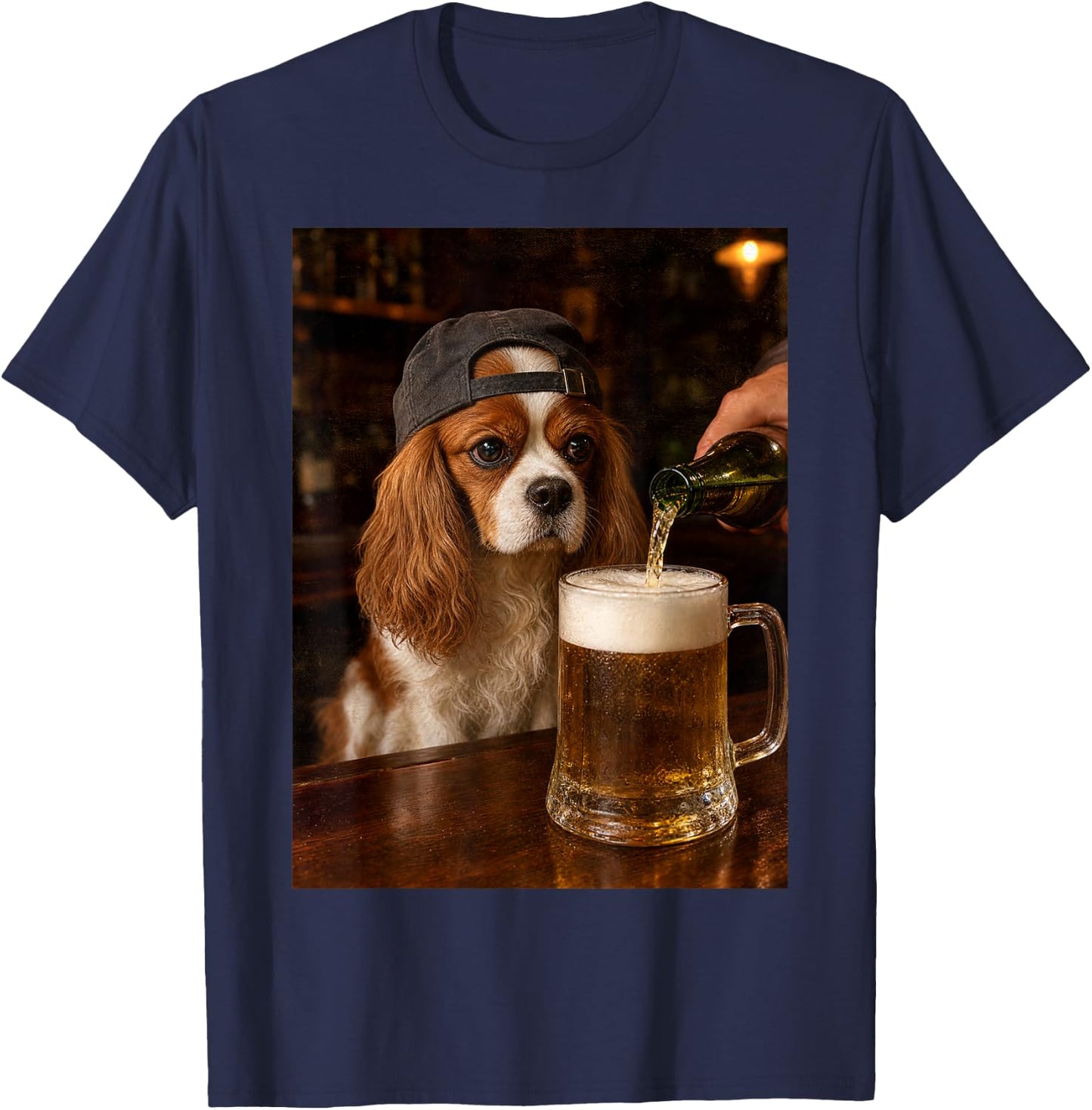 Cavalier King Charles Drinking Beer Funny Dog Meme T-Shirt - T-Shirt | Navy
