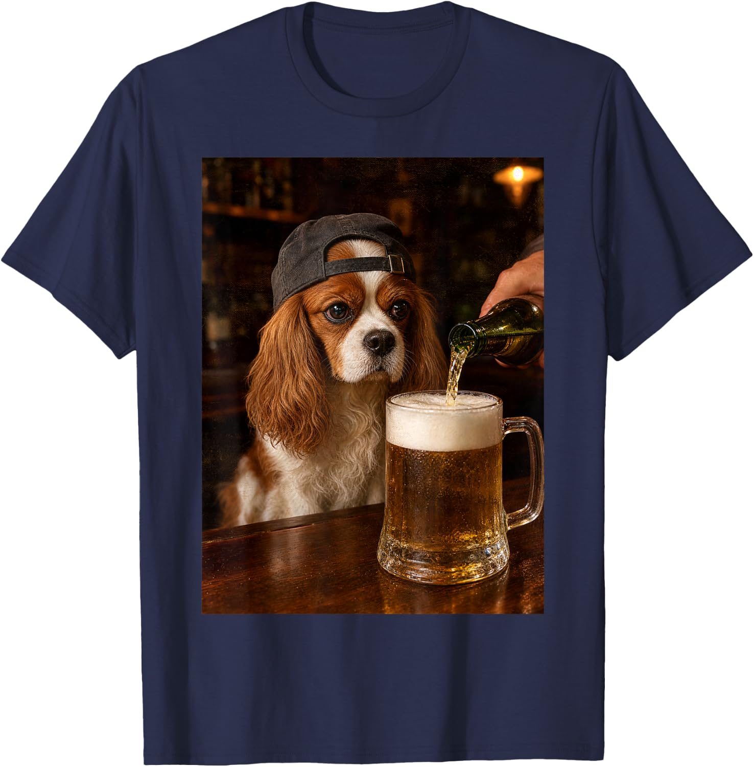 Cavalier King Charles Drinking Beer Funny Dog Meme T-Shirt - T-Shirt | Navy