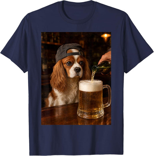 Cavalier King Charles Drinking Beer Funny Dog Meme T-Shirt - T-Shirt | Navy