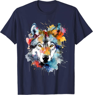 Wolfskopf Aquarell Damen Schwarz Small EU 38 V-Ausschnitt Kurzarm Klassische Passform Baumwolle 50% Polyester 50% Tierdruck Wildnis Einzigartiges Wolf-Design 1 Count T-Shirt - T-Shirt | Navy