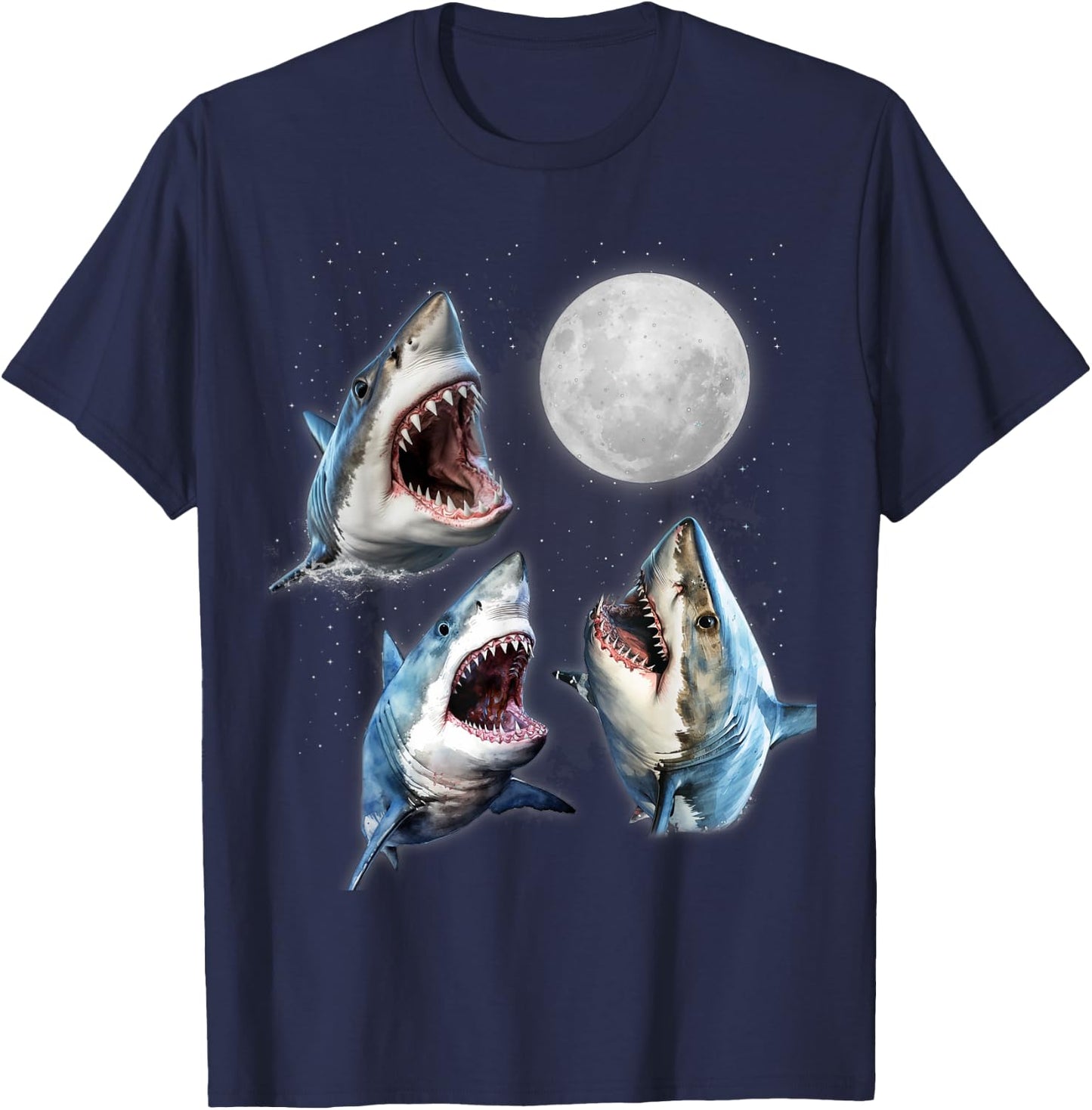 3 Great White Shark Moon Howling Funny Shark Lover Aquarist T-Shirt - T-Shirt | Navy
