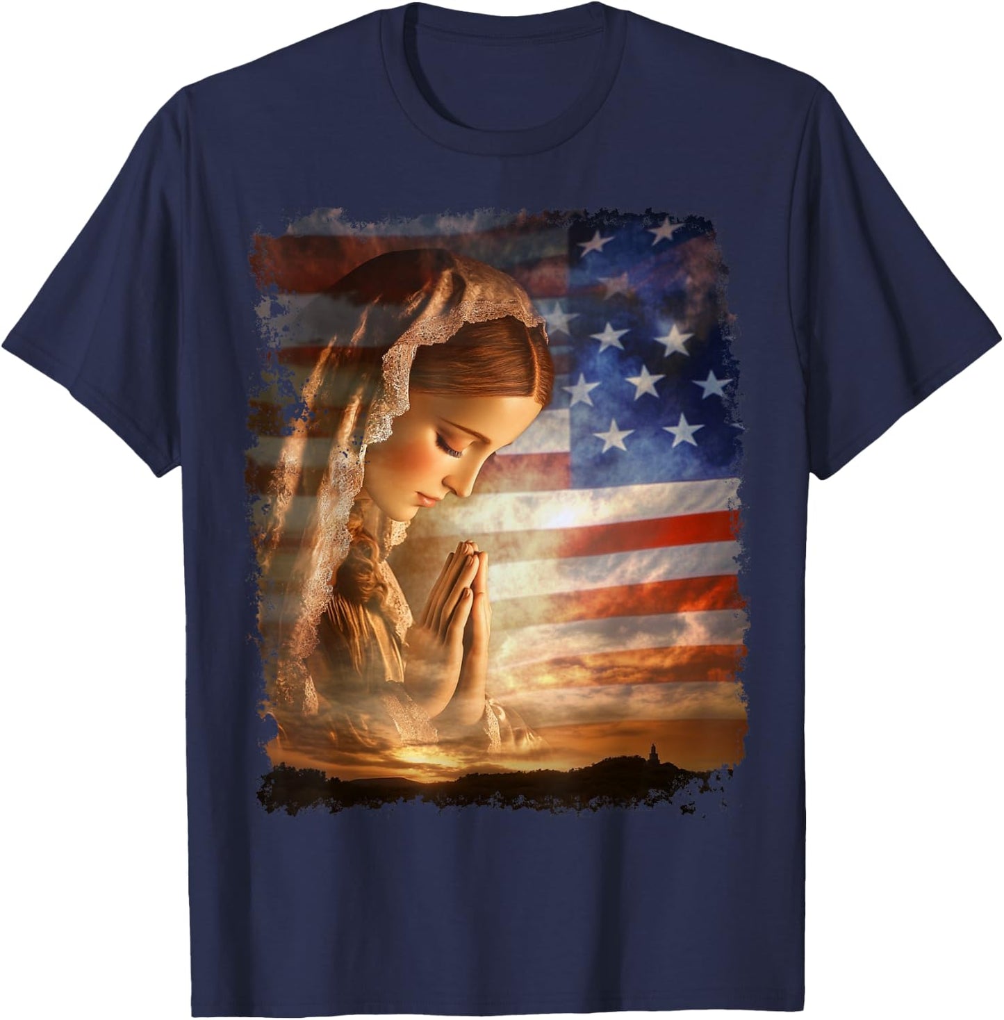 USA American US Flag The Virgin Mary T-Shirt - T-Shirt | Navy