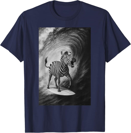 Funny Surfing Zebra Selfie On Surfboard Safari Animal T-Shirt - T-Shirt | Navy