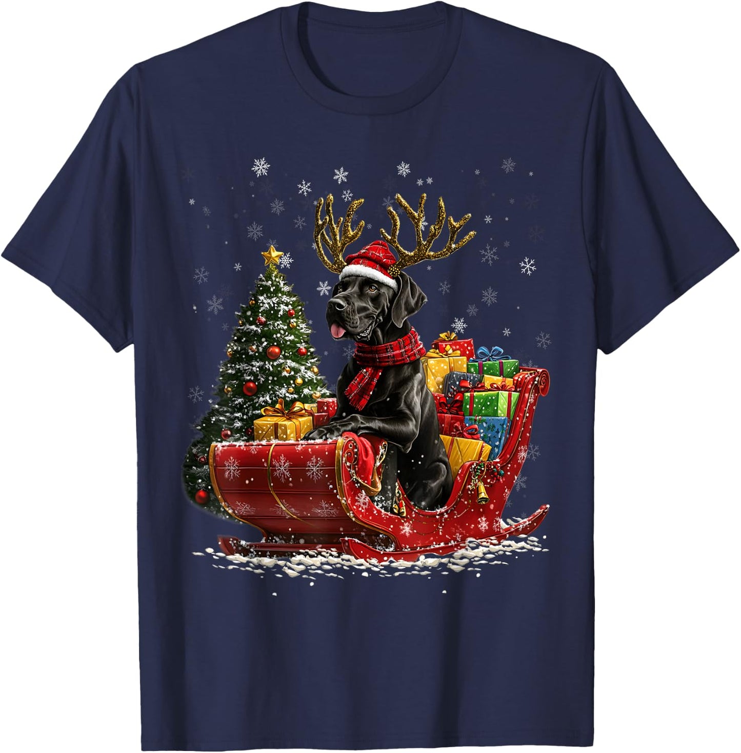 Santa Great Dane reindeer Light Christmas T-Shirt - T-Shirt | Navy