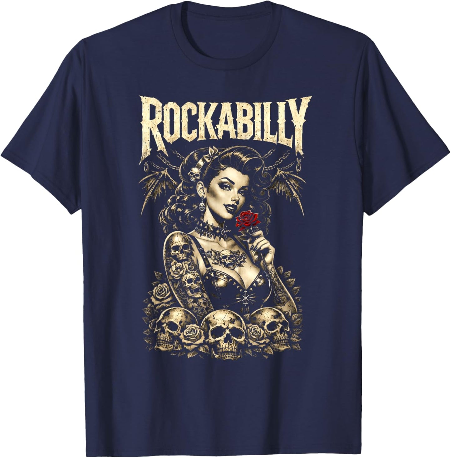Rockabilly Gothic Pinup Girl Skulls Retro Alternative Rock T-Shirt - T-Shirt | Navy