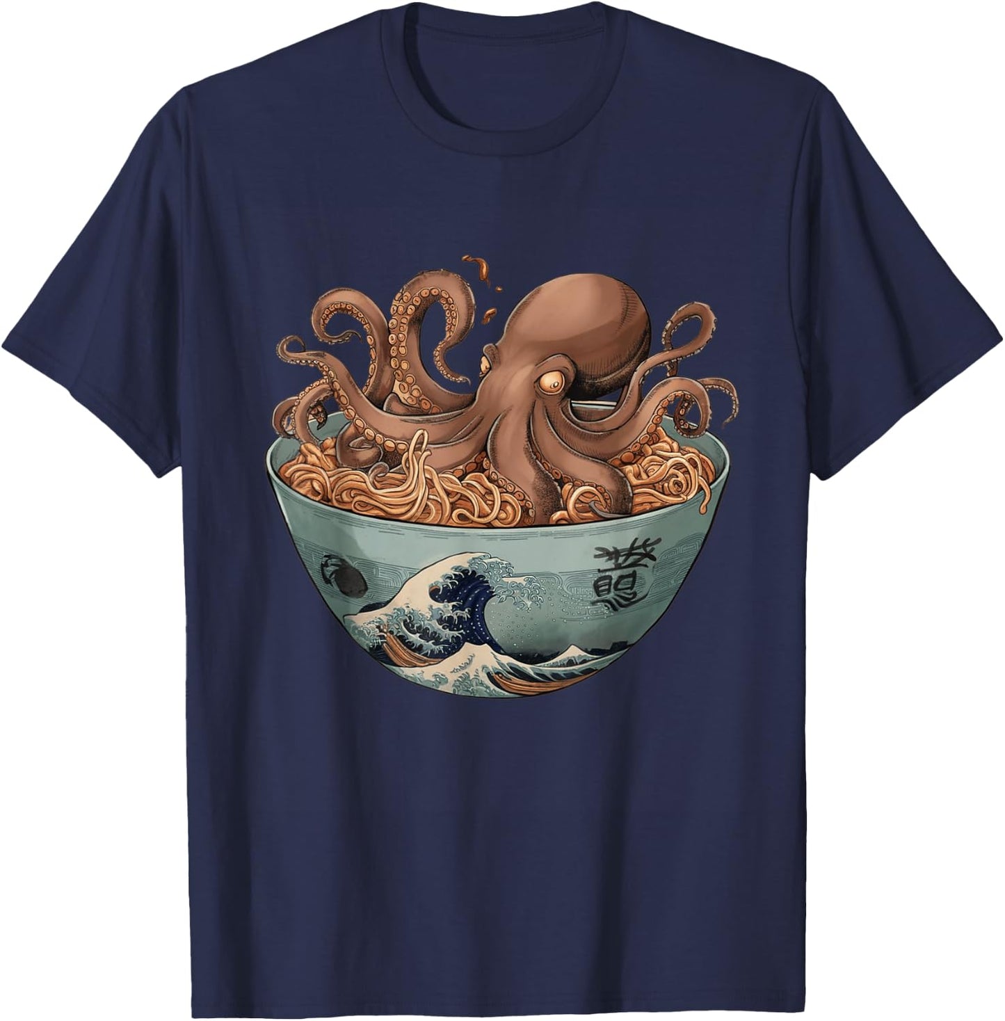 Octopus Artwork Co by MNI -Adults Black Short Sleeve Small Octopus Ramen Bowl Aesthetic Japanese Culture Tokyo Asian T-Shirt - T-Shirt | Navy