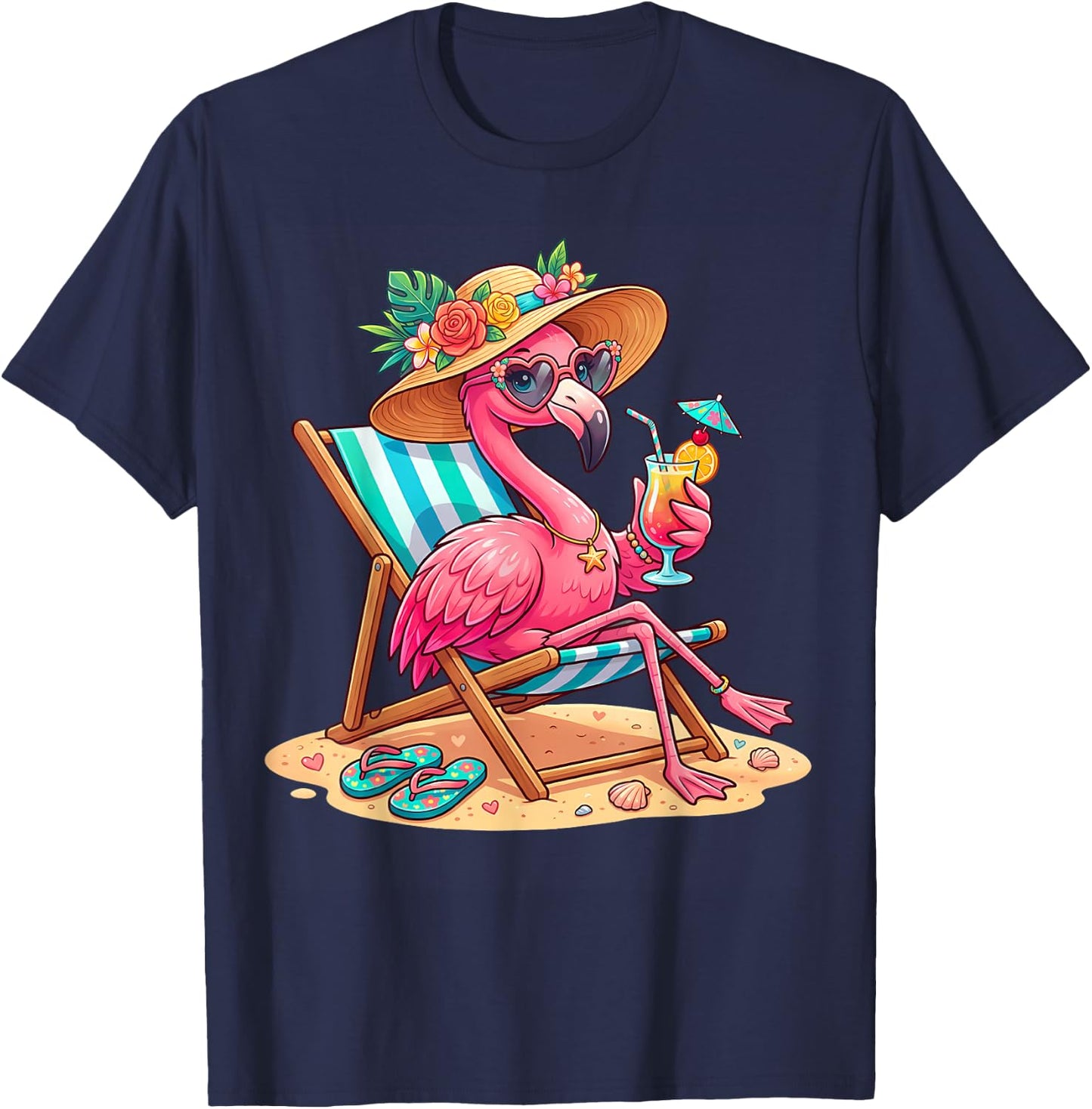 Flamingo Tree Tropical Beach Funny Flamingo Summer T-Shirt - T-Shirt | Navy