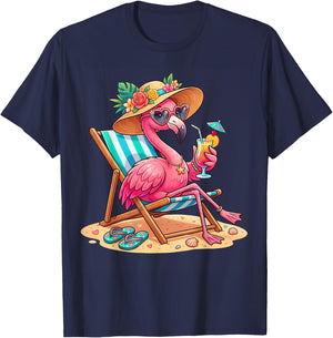 Flamingo Tree Tropical Beach Funny Flamingo Summer T-Shirt - T-Shirt | Navy