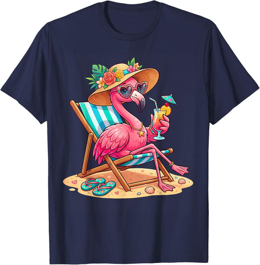 Flamingo Tree Tropical Beach Funny Flamingo Summer T-Shirt - T-Shirt | Navy