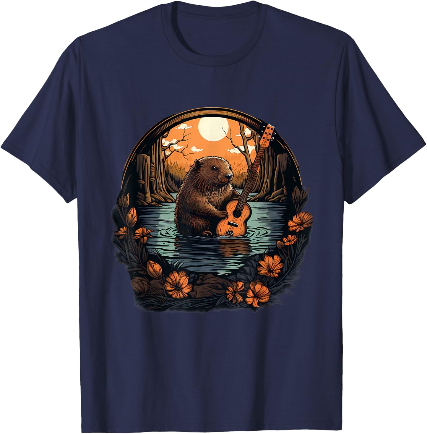 Beaver Nature Guitar Landscape Wildlife Artwork Animal Art T-Shirt - T-Shirt | Navy