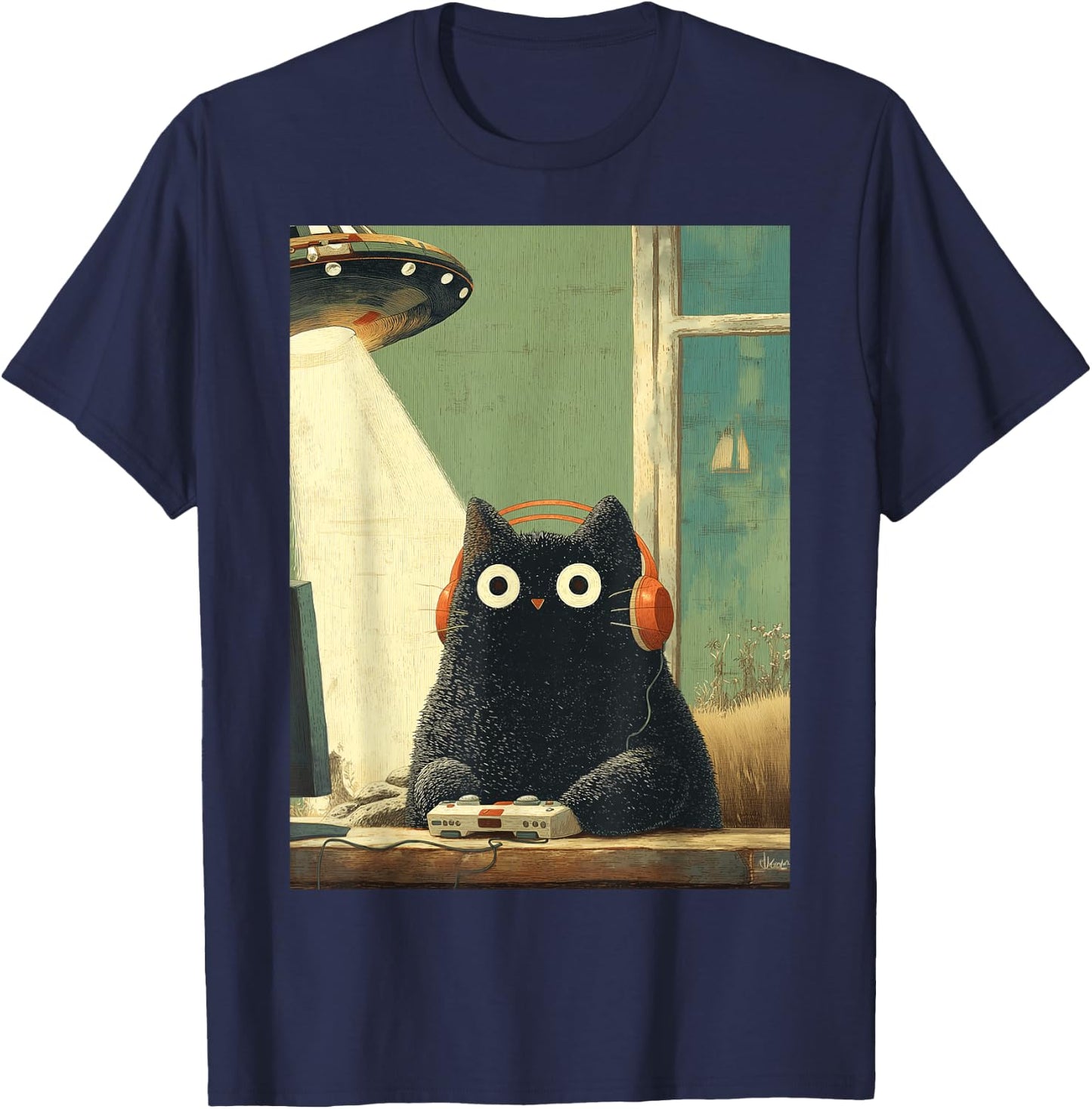 Japanische Schwarze Gamer Cat Videospiele Abduktion UFO Space T-Shirt - T-Shirt | Navy