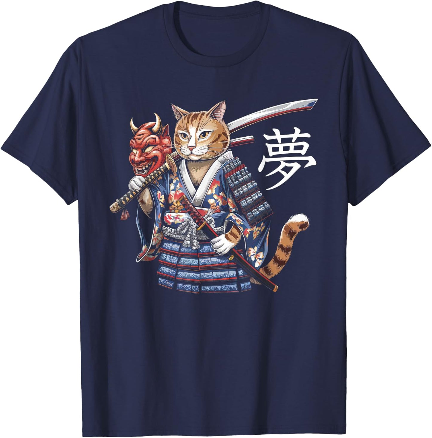 Samurai Cat Vintage Ukiyo-e Warrior Kanji Japan Anime Ink T-Shirt - T-Shirt | Navy