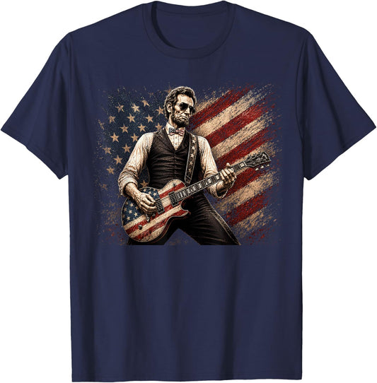 Abraham Lincoln Playing Guitar Rock and Roll American Flag T-Shirt - T-Shirt | Navy