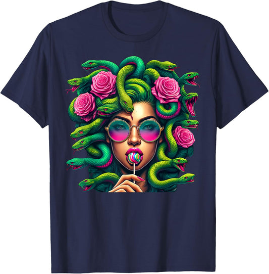 Medusa Snakes Roses Lollipop Floral Greek Mythology T-Shirt - T-Shirt | Navy