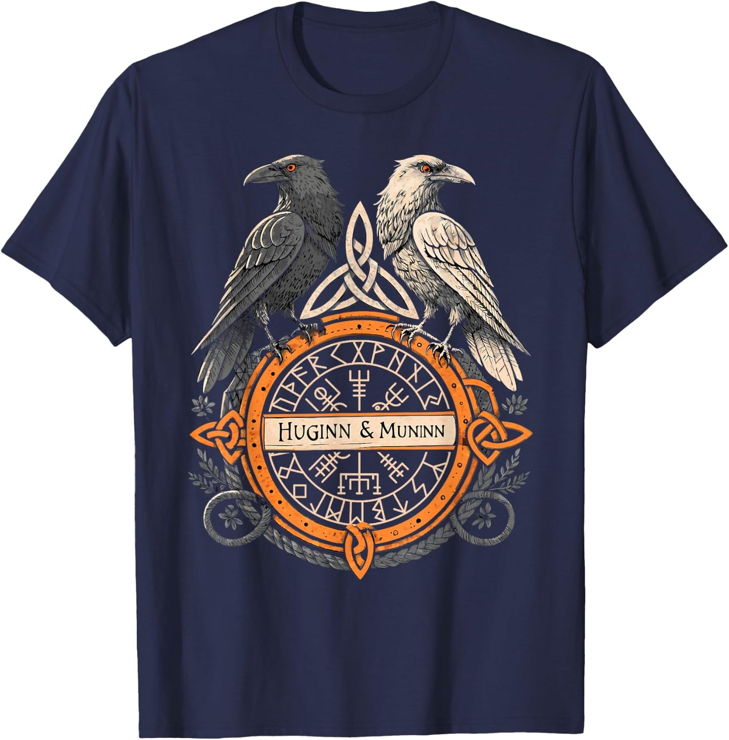 Viking Raven Huginn and Muninn Celtic Norse Compass Vegvisir T-Shirt - T-Shirt | Navy