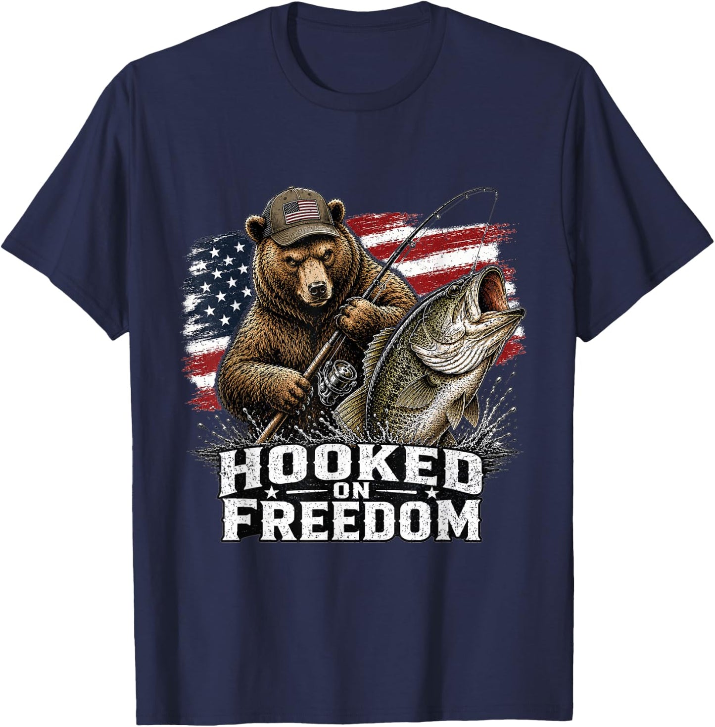 Hooked On Freedom Bear Fishing Patriotic USA Gift T-Shirt - T-Shirt | Navy