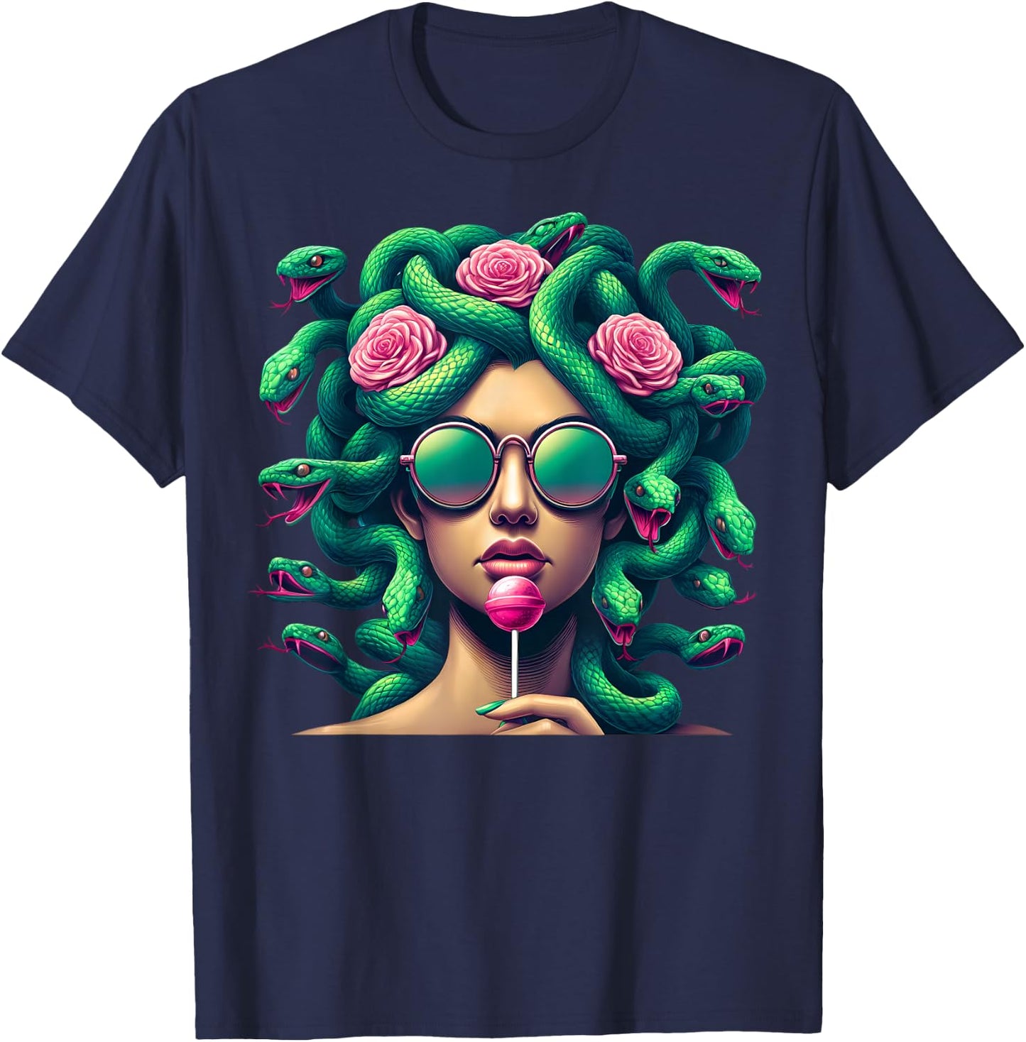 Medusa Snakes Sunglasses Roses Lollipop T-Shirt - T-Shirt | Navy