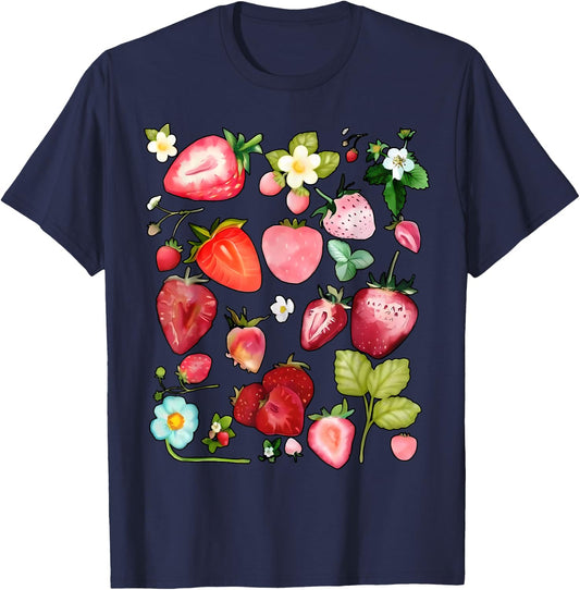Boho Strawberry Fruit Nature Botanical Cottagecore Gardening T-Shirt - T-Shirt | Navy