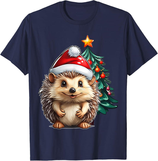 Aesthetic Christmas Hedgehog Santa Hat Xmas Tree Custom T-Shirt - T-Shirt | Navy