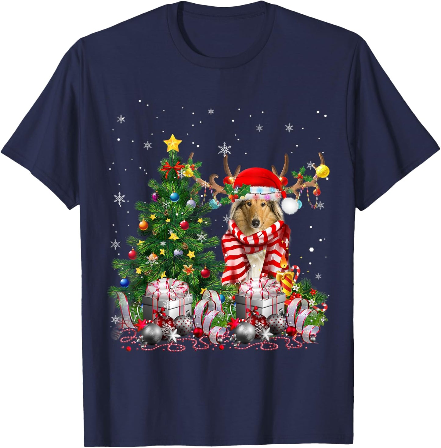 Scotch Collie Dog Christmas Tree Lights Santa Pajamas Xmas Men Women Kids T-Shirt - T-Shirt | Navy