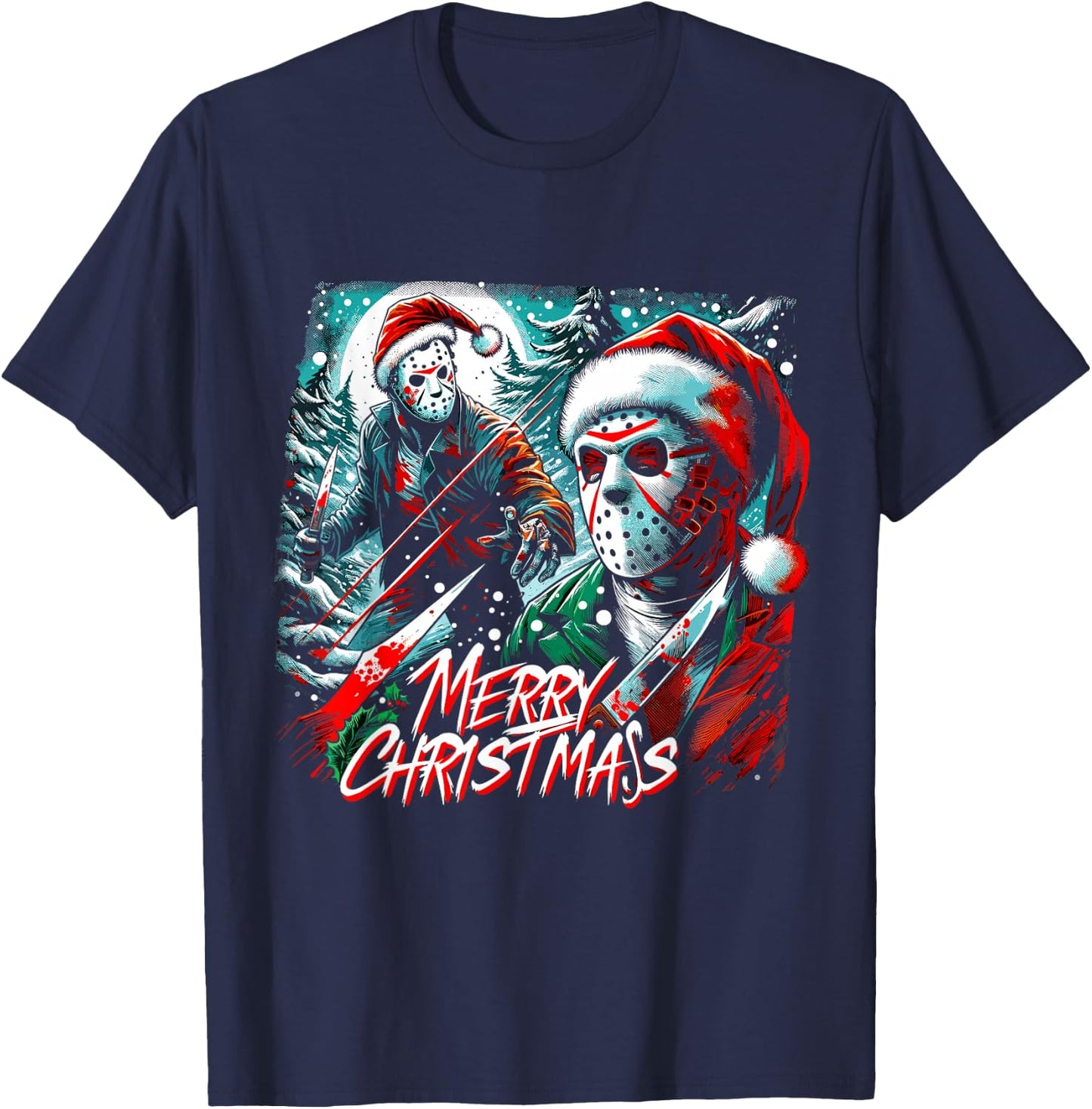 Merry Christmas Festive Slasher Candy Cane Menace T-Shirt - T-Shirt | Navy