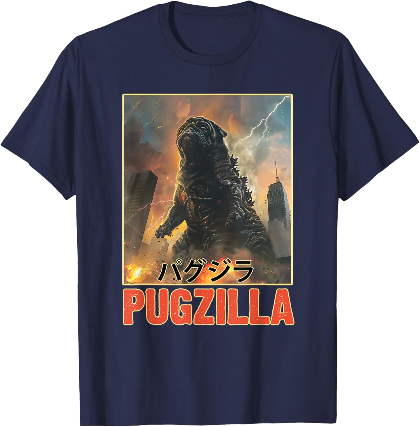 Funny Pug Vintage Styles Animal Vintage Art Pug Dog Kawai Pet Lovers Pugzilla Funny Outfits T-Shirt - T-Shirt | Navy