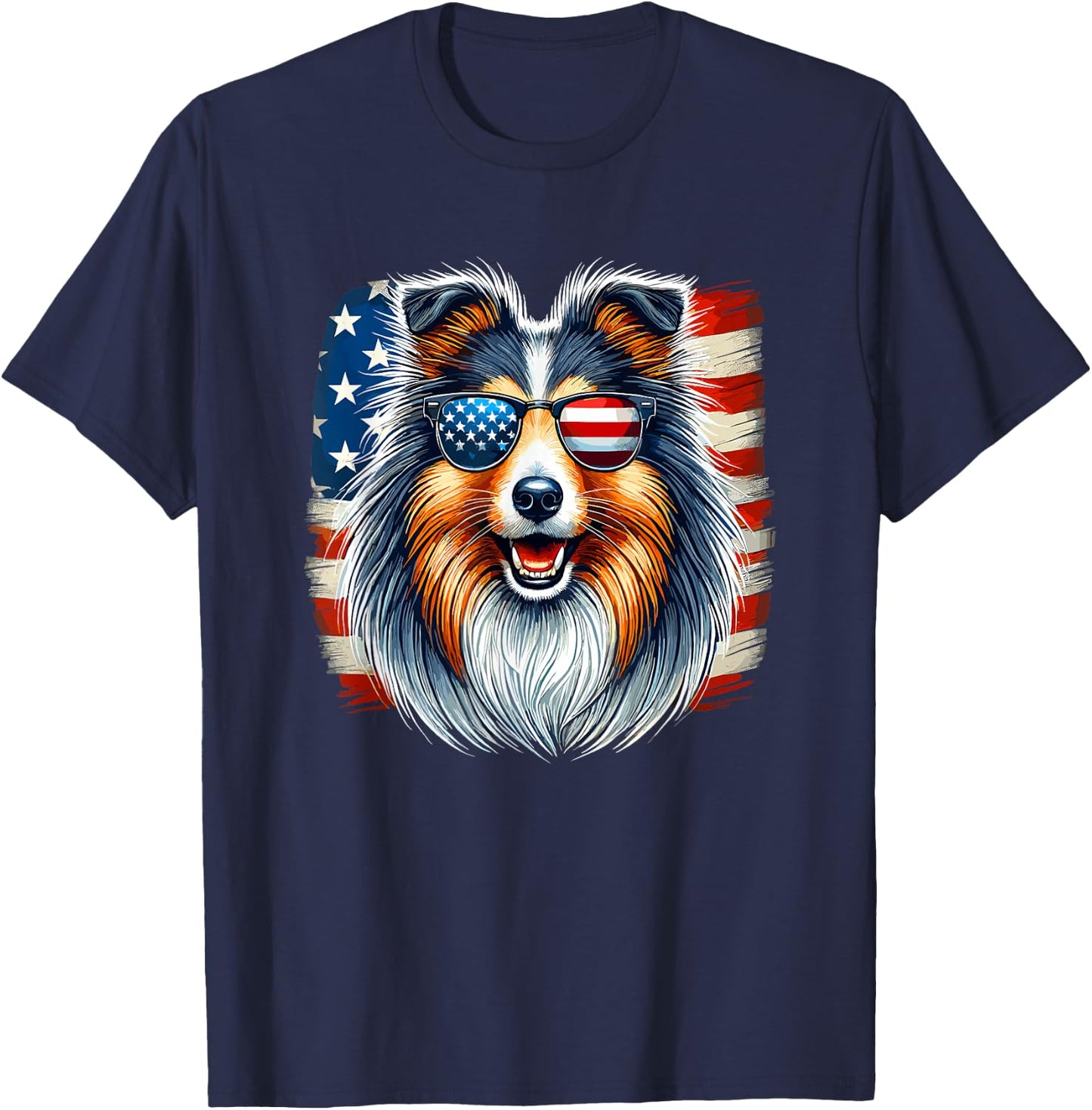 American USA Flag Shetland Sheepdog Sheltie 4th Of July T-Shirt - T-Shirt | Navy