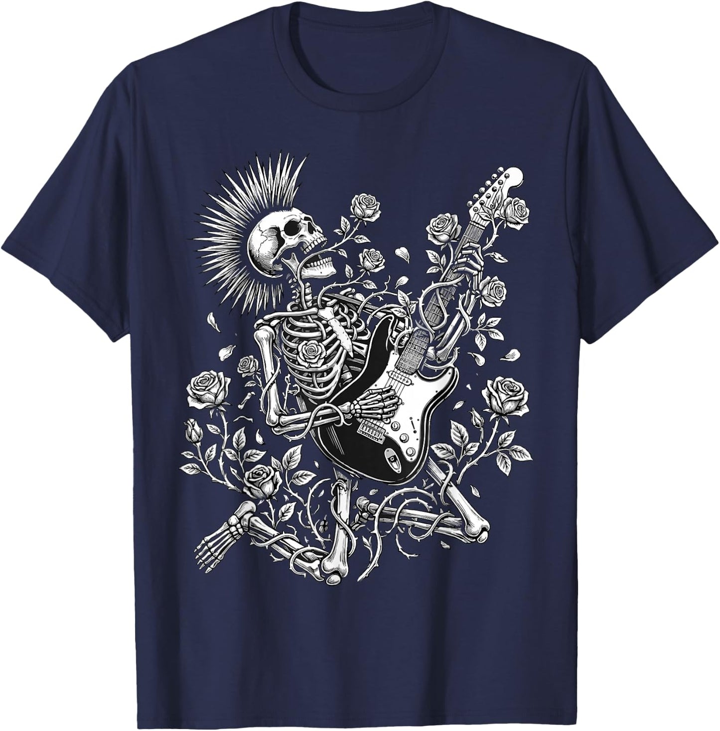 Rock and Roll Rose Skeleton Playing Guitar T-Shirt - T-Shirt | Navy