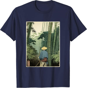 Japanese Bamboo Grove Woodblock Art Spiritual Nature Vintage T-Shirt - T-Shirt | Navy