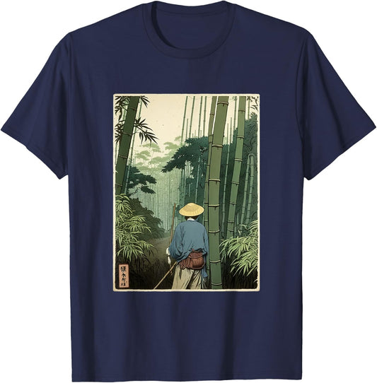 Japanese Bamboo Grove Woodblock Art Spiritual Nature Vintage T-Shirt - T-Shirt | Navy