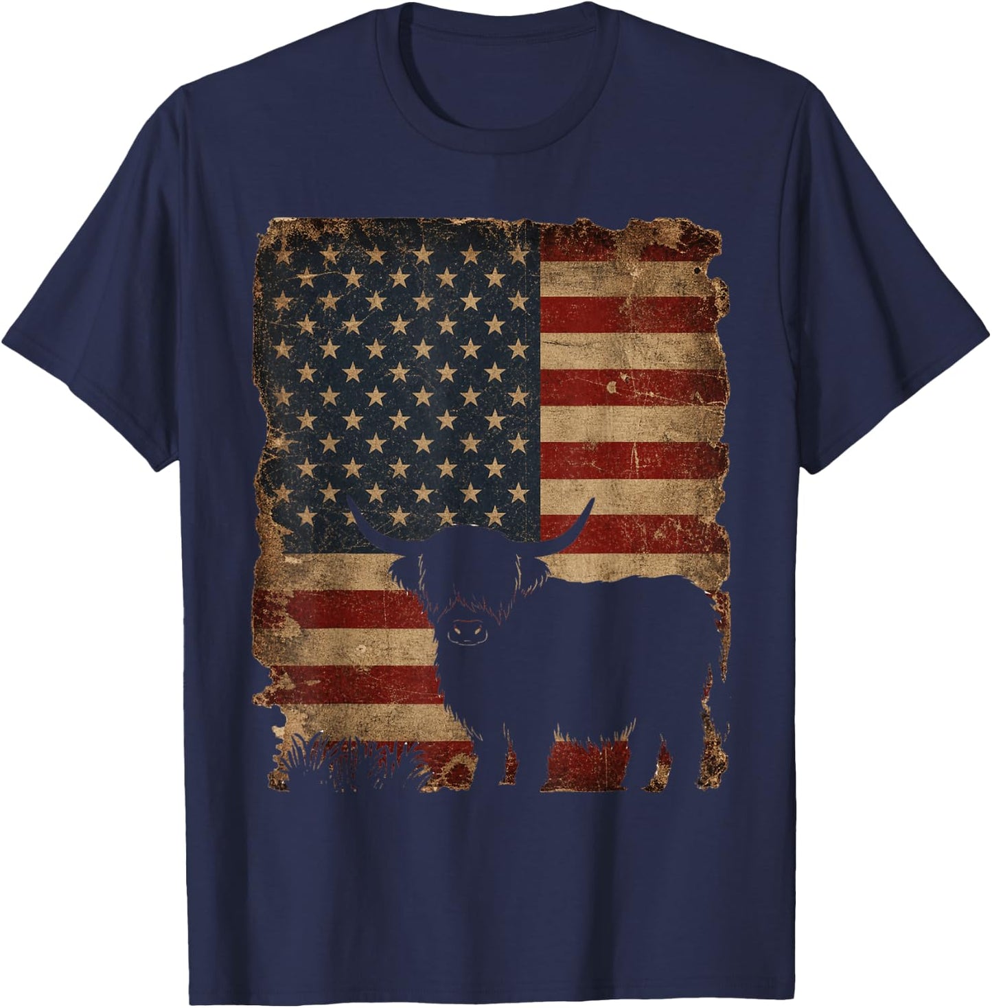 Highland Cow 4th of July Vintage American Flag T-Shirt - T-Shirt | Navy