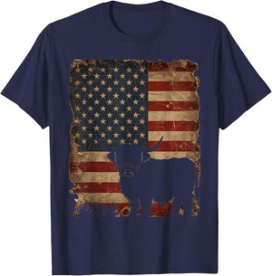 Highland Cow 4th of July Vintage American Flag T-Shirt - T-Shirt | Navy