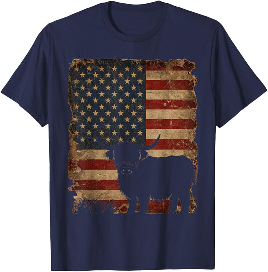 Highland Cow 4th of July Vintage American Flag T-Shirt - T-Shirt | Navy