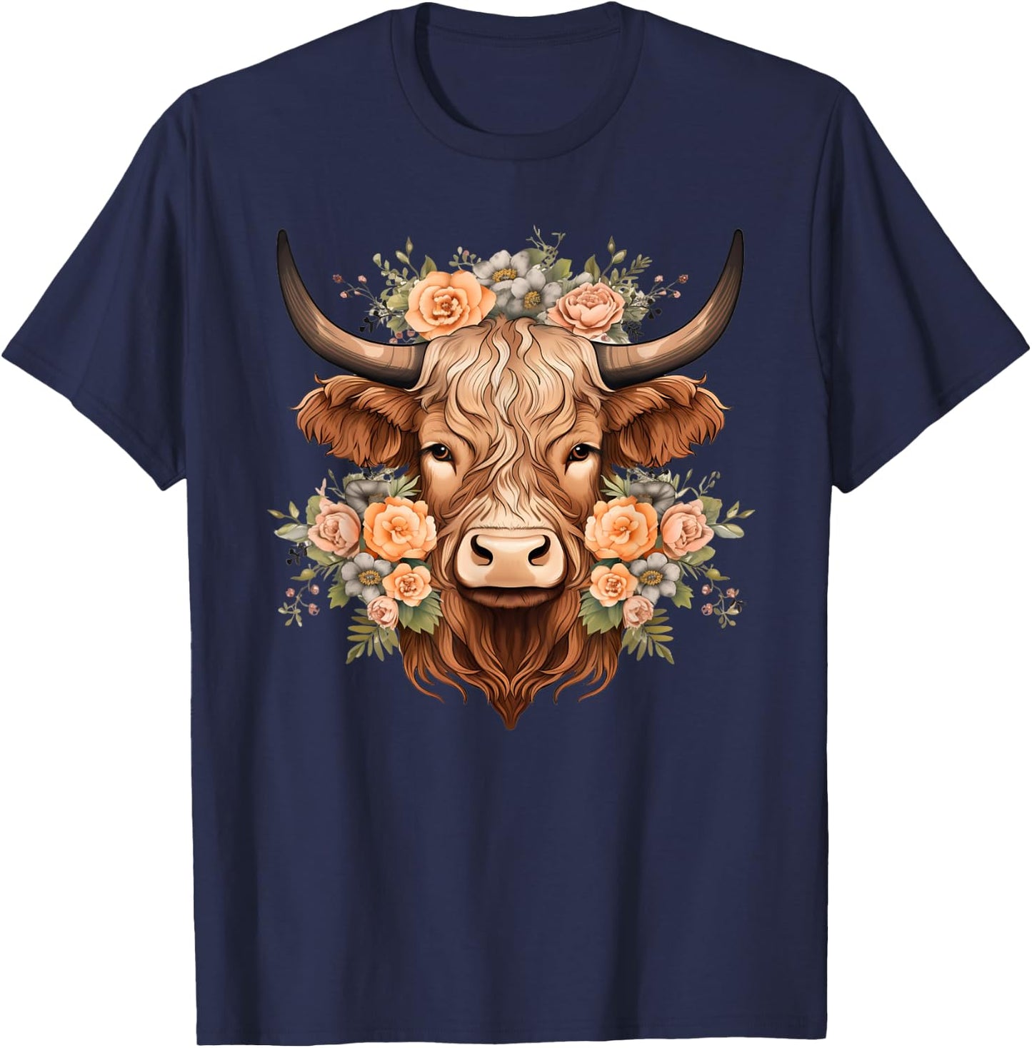 Flowers Highlander Boho Cow T-Shirt - T-Shirt | Navy