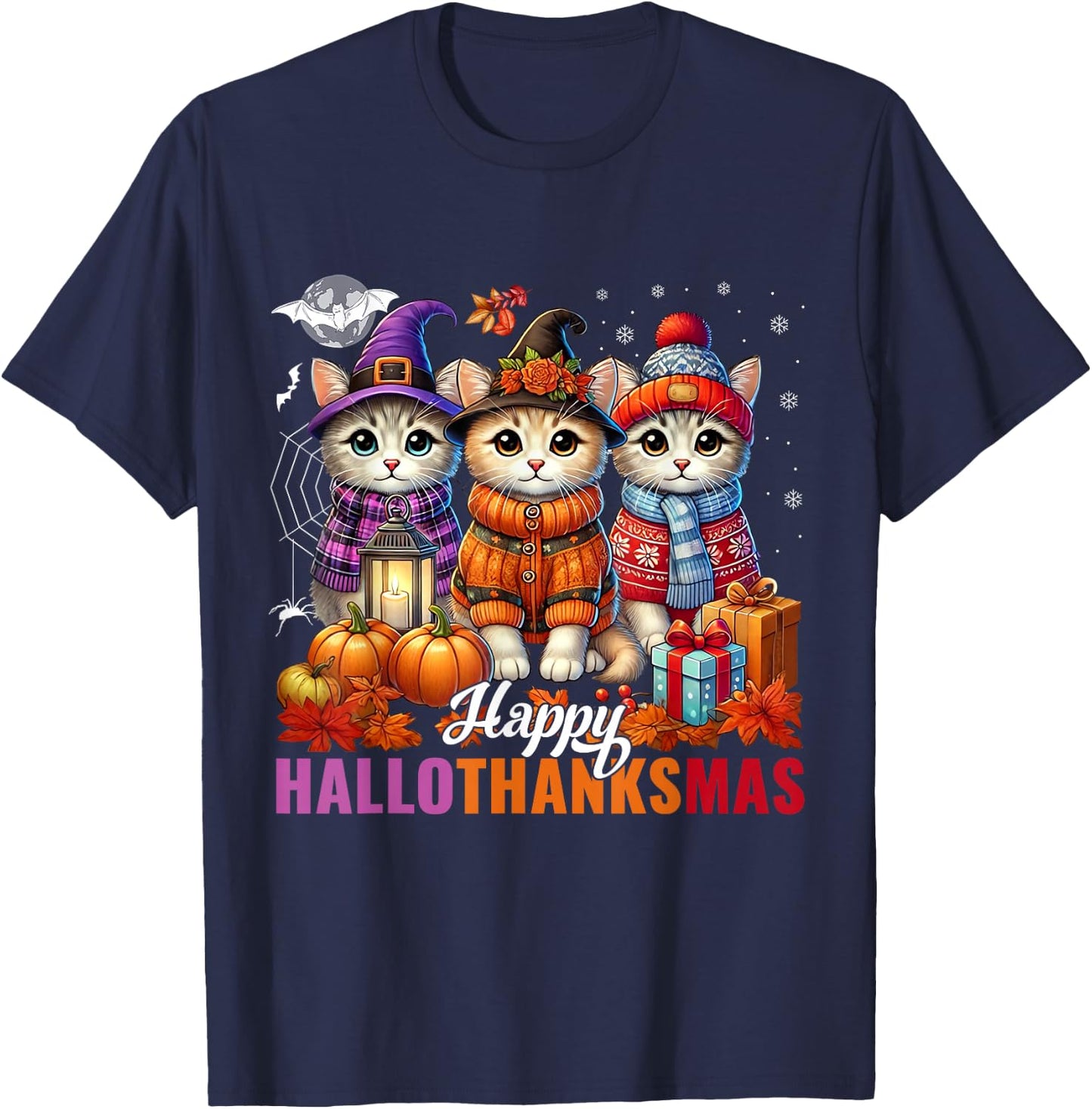 Halloween Thanksgiving Christmas Happy HalloThanksMas Cats T-Shirt - T-Shirt | Navy