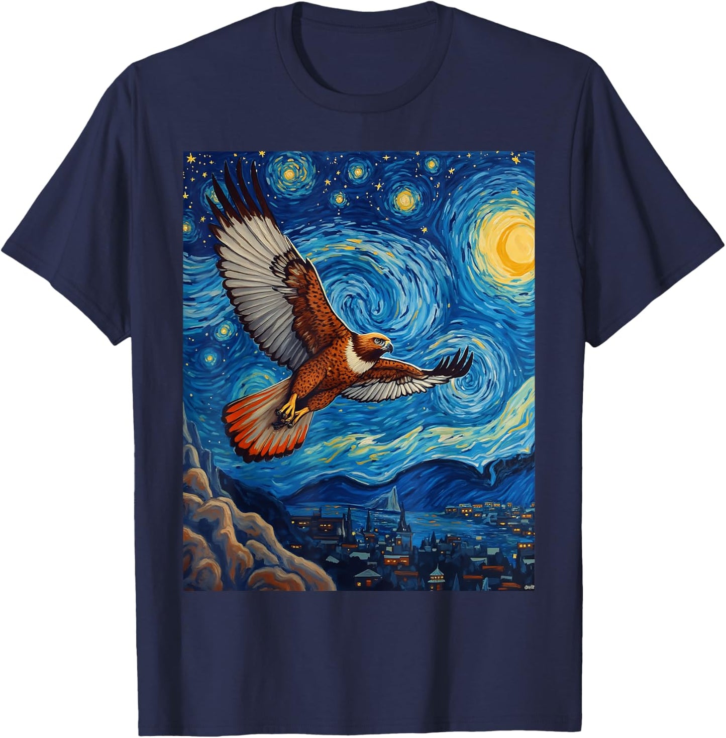 Van Gogh's Starry Night Red-Tailed Hawk Sky Hunter Animal T-Shirt - T-Shirt | Navy