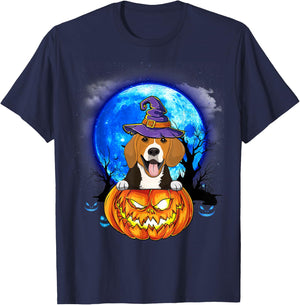 Beagle Witch Moon Pumpkin Scary Halloween Dog Lovers T-Shirt - T-Shirt | Navy