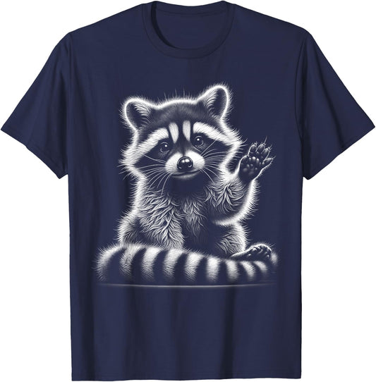 Winkender Waschbär als niedliches Schwarz Weiß Porträt T-Shirt - T-Shirt | Navy