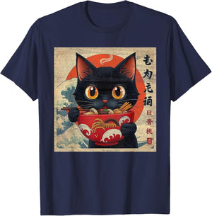 Cat Ramen Japanese Funny Graphic Kawaii Cat Anime T-Shirt - T-Shirt | Navy