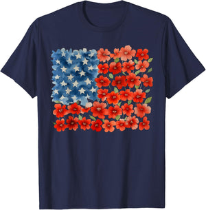 Women 4th of July Floral American Flag Wildflowers Patriotic T-Shirt - T-Shirt | Navy