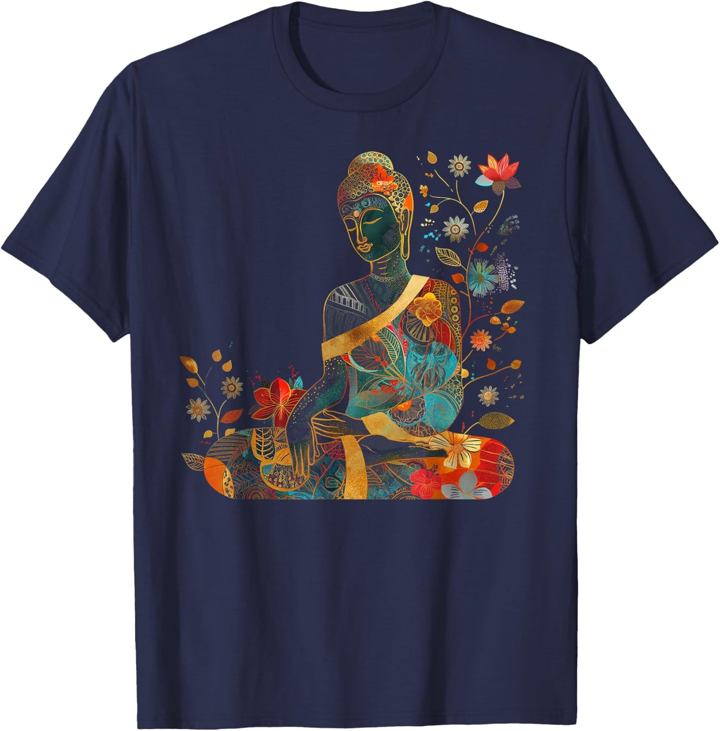 Buddha Colorful Flowers Floral Buddhist Zen Buddhism Art T-Shirt - T-Shirt | Navy
