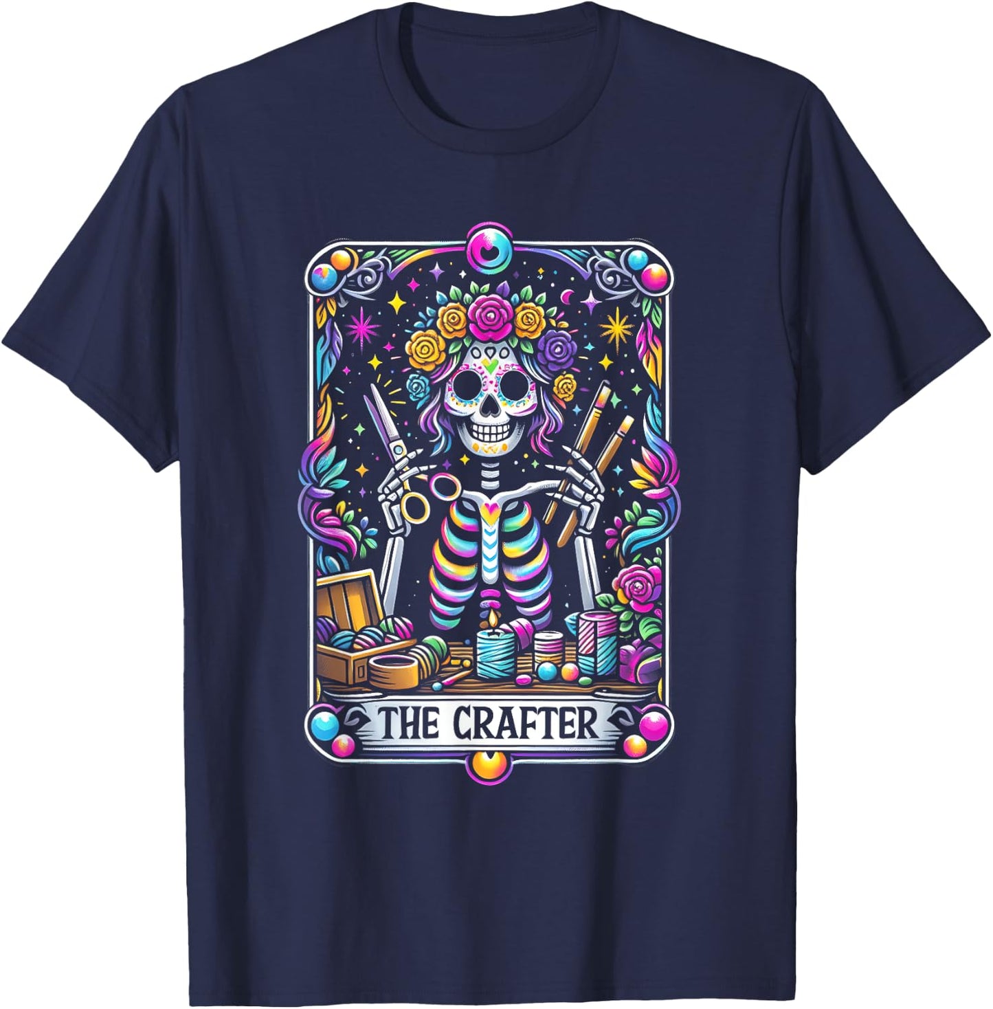Funny Sugar Skull Crafty The-Crafter Tarot Card Skeleton T-Shirt - T-Shirt | Navy