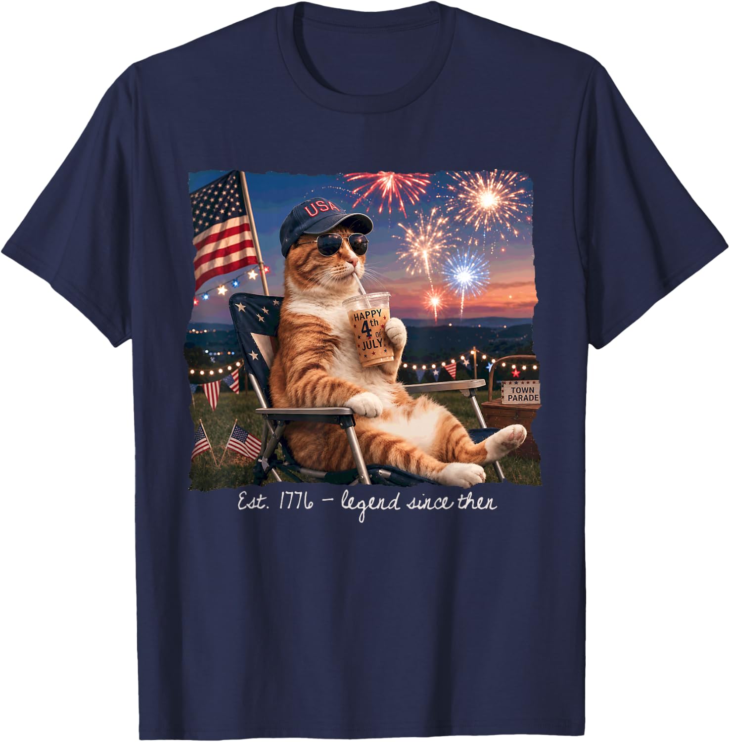 Funny 4th of July Cat Fireworks Est 1776 Legend Since Then T-Shirt - T-Shirt | Navy