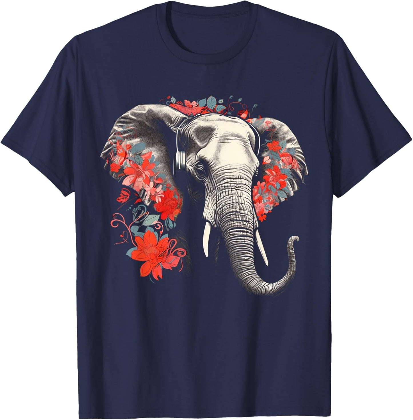 Elephant Flowers Music - Animal Art Elephant T-Shirt - T-Shirt | Navy