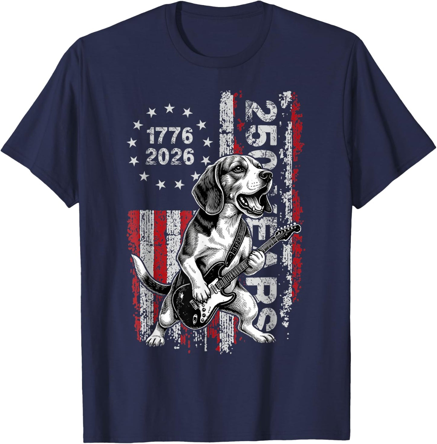 250 Years US Flag Beag Dog Playing Guitar - Funny Beagle T-Shirt - T-Shirt | Navy
