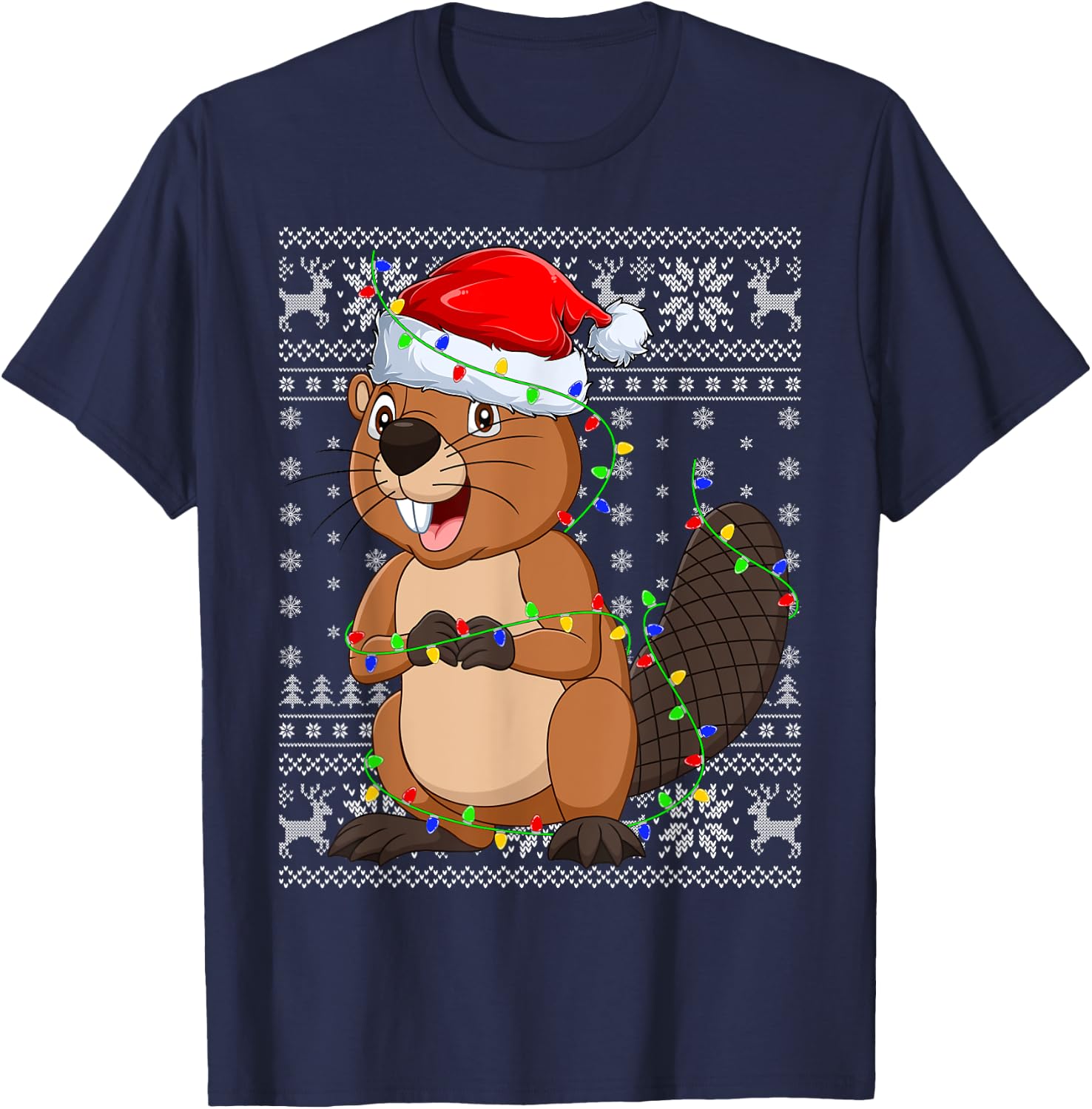 Ugly Sweater Xmas Lights Santa Hat Beaver Christmas T-Shirt - T-Shirt | Navy