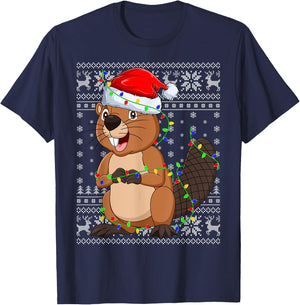 Ugly Sweater Xmas Lights Santa Hat Beaver Christmas T-Shirt - T-Shirt | Navy